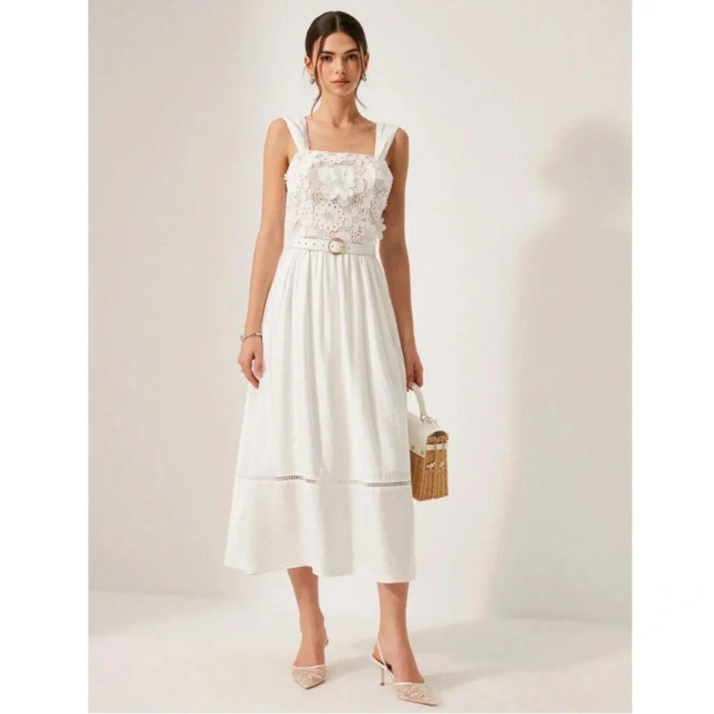 NWT Commense White Floral 3D Lace Maxi Dress - Picture 1 of 16